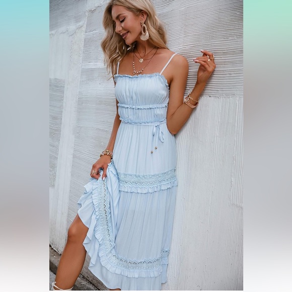 Women’s Blue Summer Boho Spaghetti Strap Casual Long Flowy Dress. - Picture 2 of 8